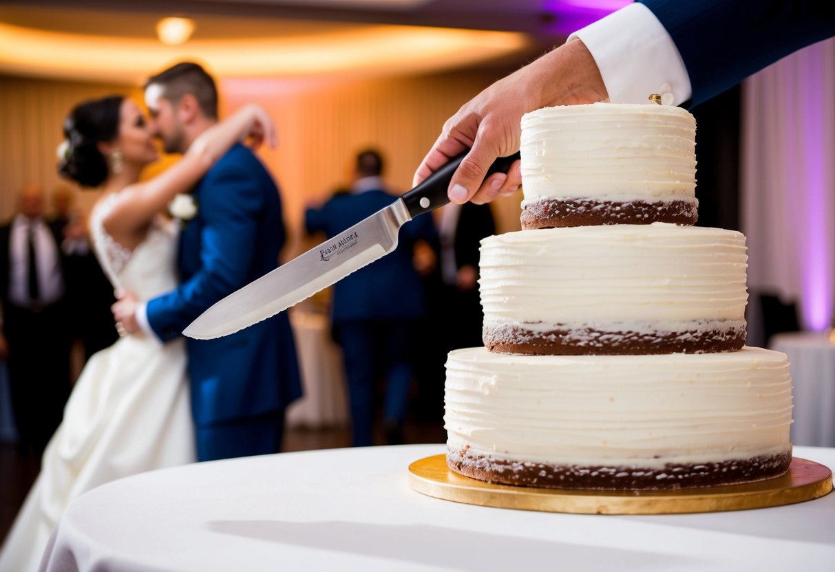 A wedding cake being cut with a knife as the couple's first dance begins in the background