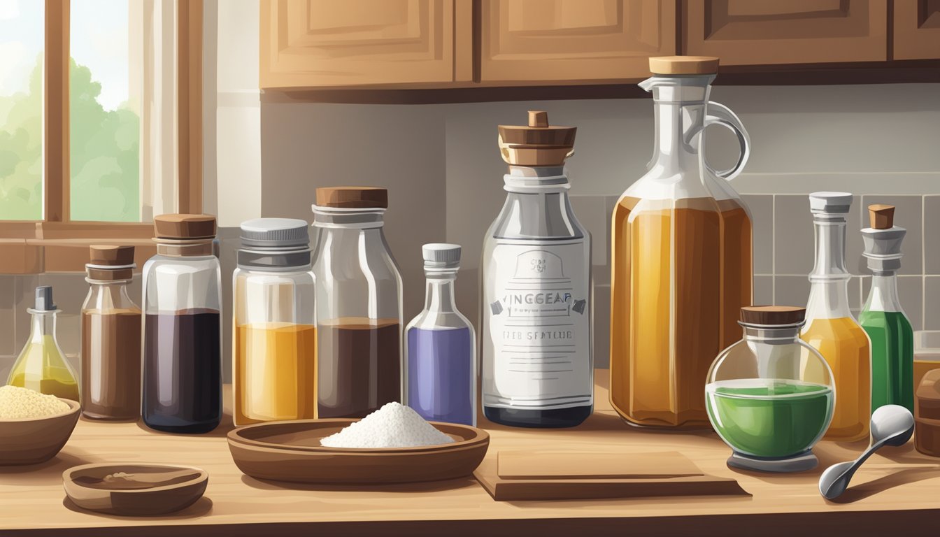 A variety of vinegar bottles and vinegar powder containers arranged on a kitchen counter, with measuring spoons and a recipe book nearby