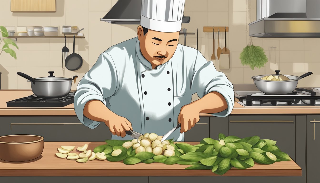 A chef slicing water chestnuts to substitute for bamboo shoots in a stir-fry