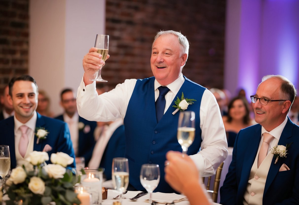 The father of the groom gives a heartfelt speech at the wedding reception, raising a glass to toast the newlyweds