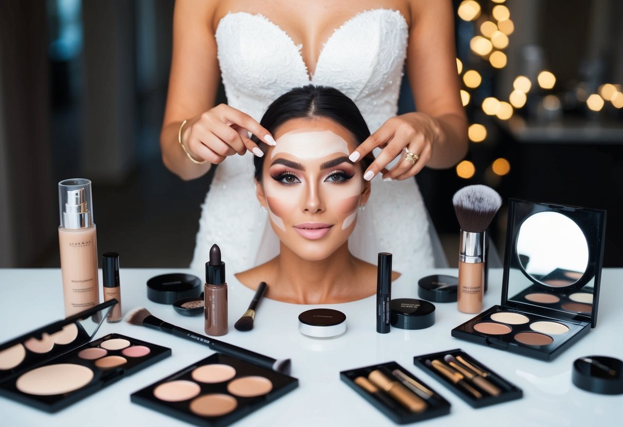 A bride surrounded by various makeup products and tools, strategically using contouring techniques to create the appearance of a slimmer face