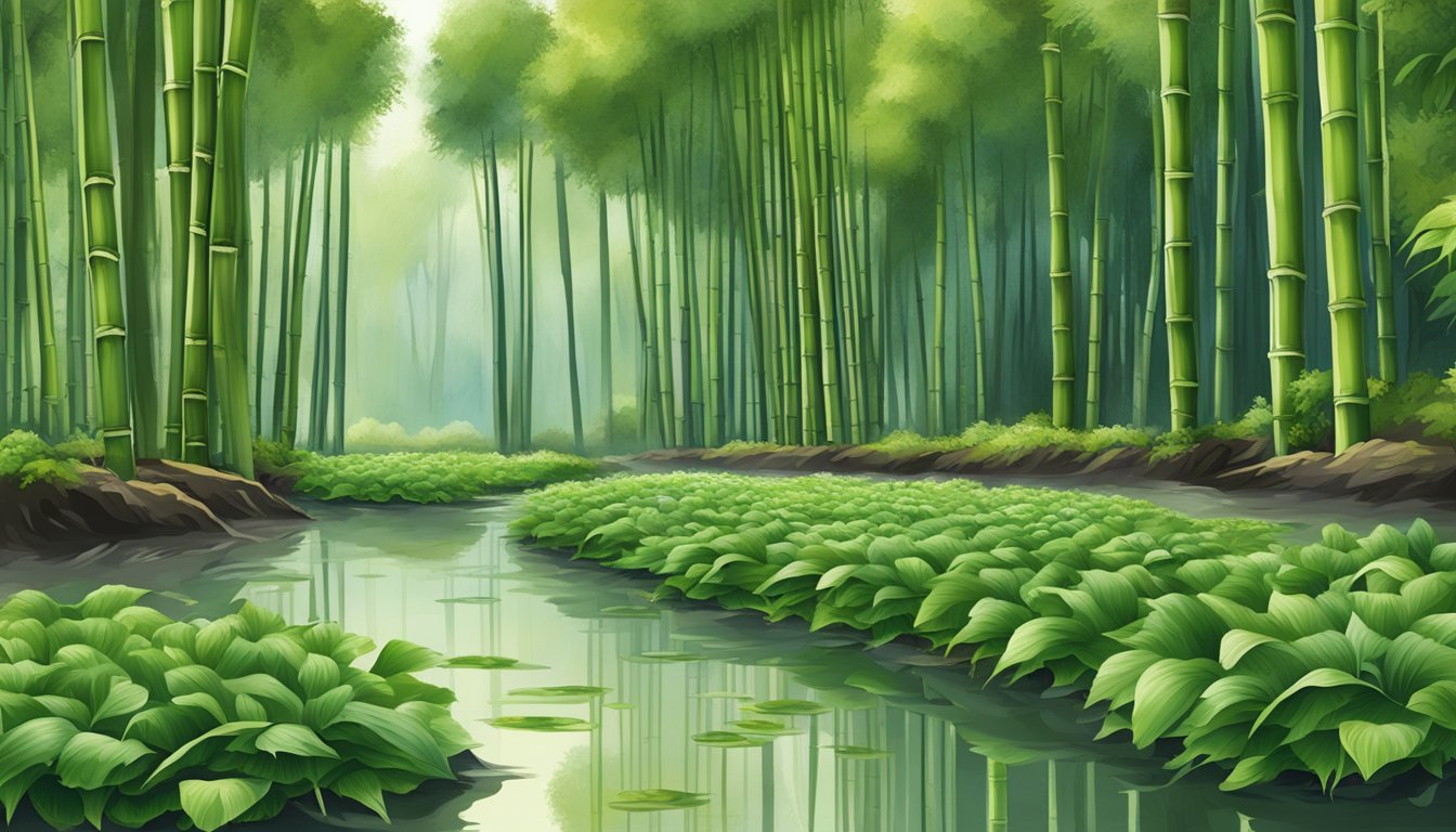 A bamboo forest with fresh shoots and a water chestnut farm with ripe produce, showcasing the contrast in appearance and texture for a nutritional comparison