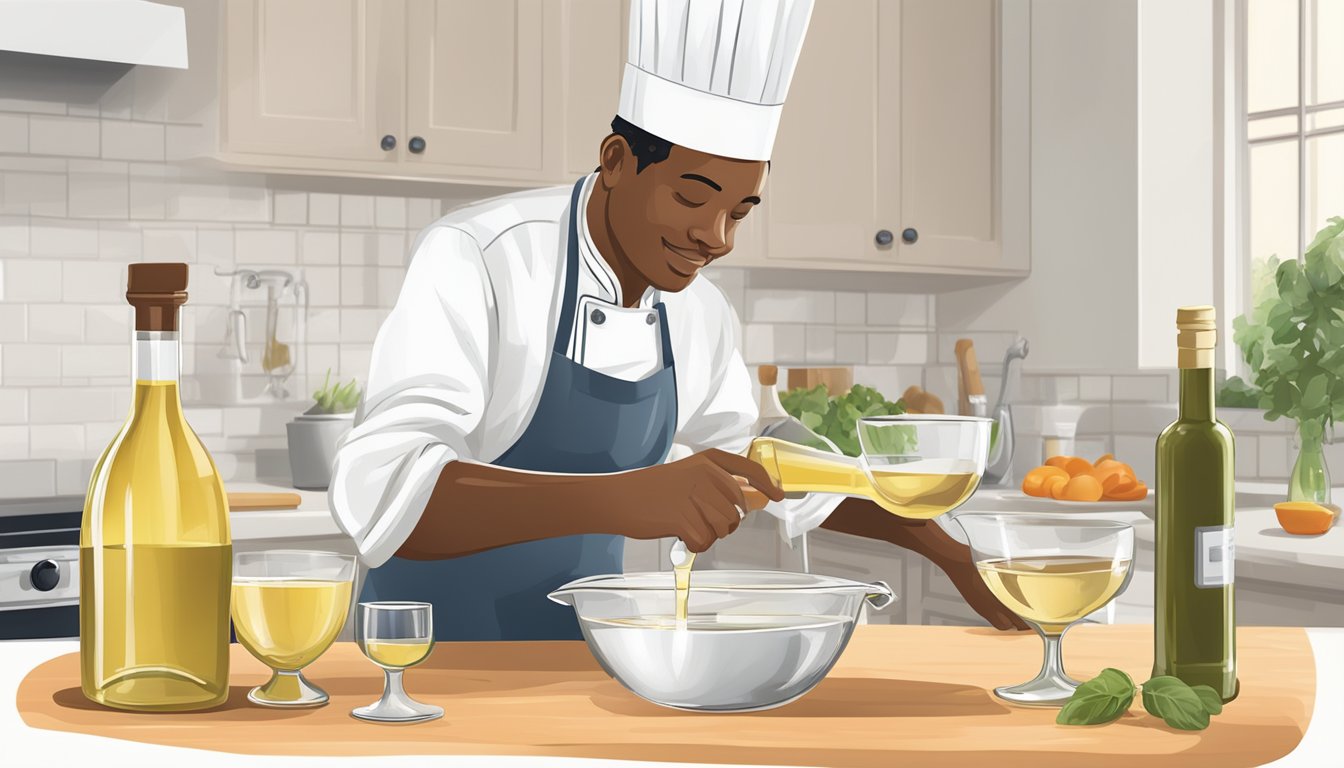 A chef pours white balsamic vinegar into a measuring cup, replacing white wine vinegar in a recipe. Nearby, a bottle of white wine vinegar sits on the counter