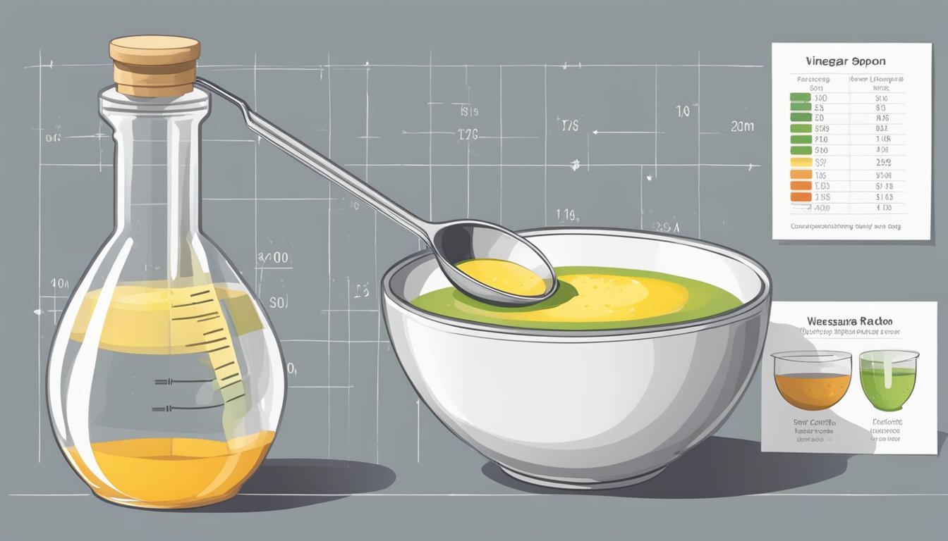 A measuring spoon pouring vinegar powder into a bowl, with fresh vinegar and conversion ratios written on a nearby chart