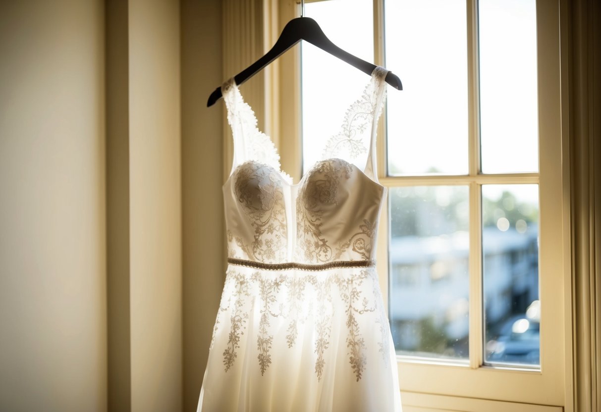 A bride's wedding dress hangs on a hanger, with a slimming waistline silhouette and delicate lace details. Sunshine filters through a window, casting a soft glow on the fabric