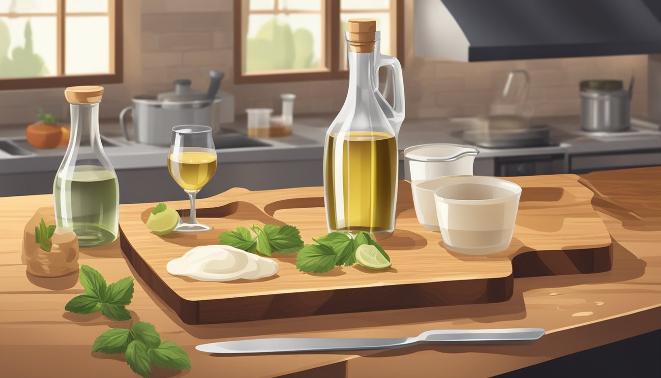 A chef pours white balsamic vinegar into a measuring cup, next to a bottle of white wine vinegar. Ingredients for dressings and sauces are laid out on a wooden cutting board