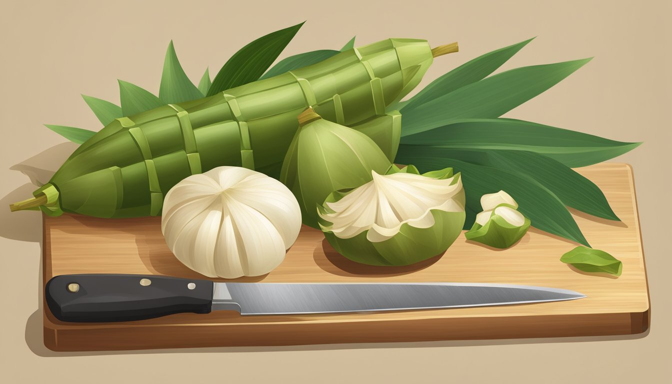 Water chestnuts and bamboo shoots arranged on a cutting board with a knife, indicating the process of selecting the best substitute