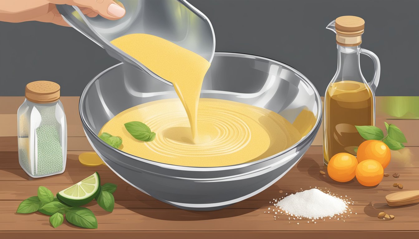 A bowl of vinegar powder being measured and poured into a recipe, alongside a bowl of fresh ingredients