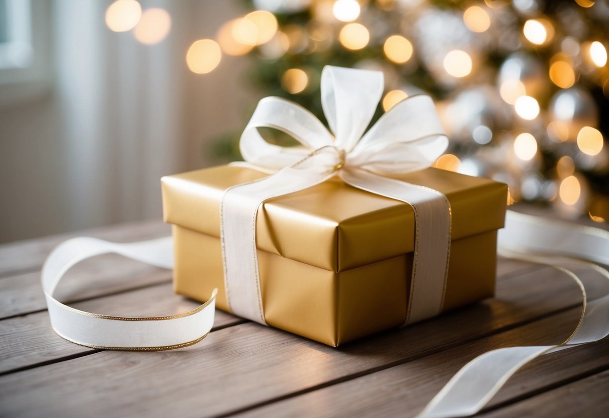 A beautifully wrapped gift box on a table with a delicate ribbon