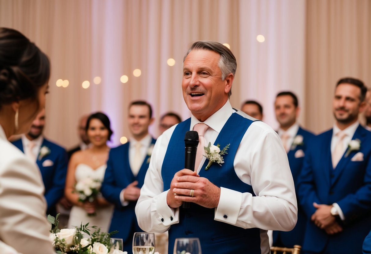The father of the groom gives a heartfelt speech at the wedding reception