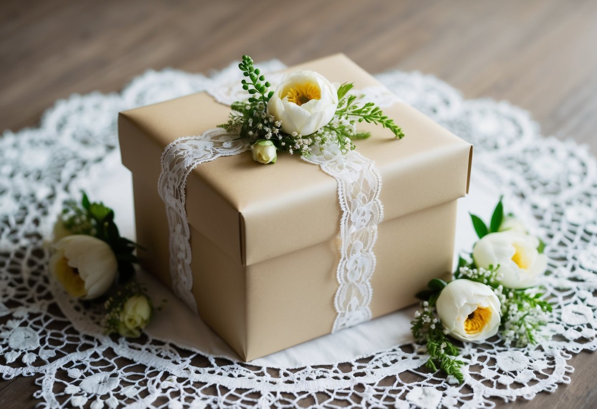 A beautifully wrapped gift box surrounded by delicate lace and floral decorations, symbolizing the significance of the mother of the bride's role in the wedding