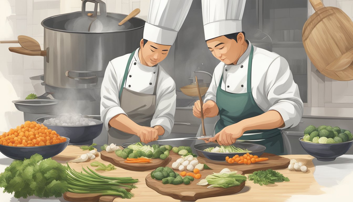 Water chestnuts being sliced and added to a stir-fry in place of bamboo shoots. A chef holds a knife, surrounded by various vegetables and cooking utensils