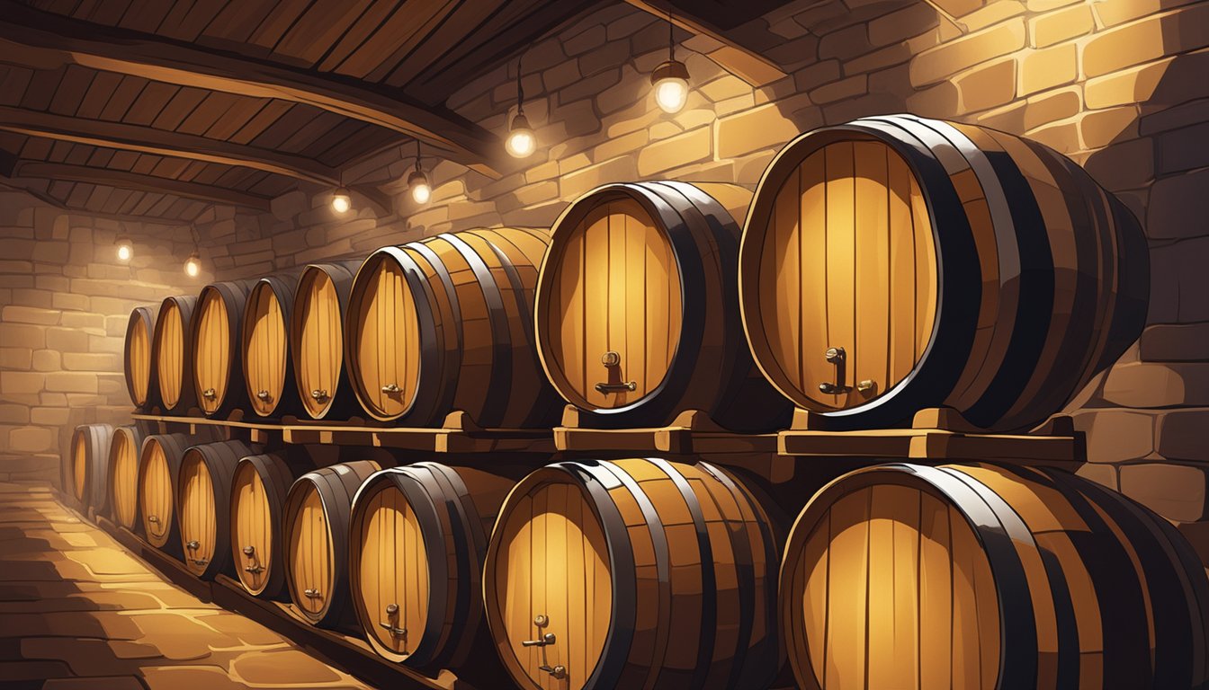 Aging barrels of vinegar, with various shades from pale gold to deep amber, lined up in a dimly lit cellar