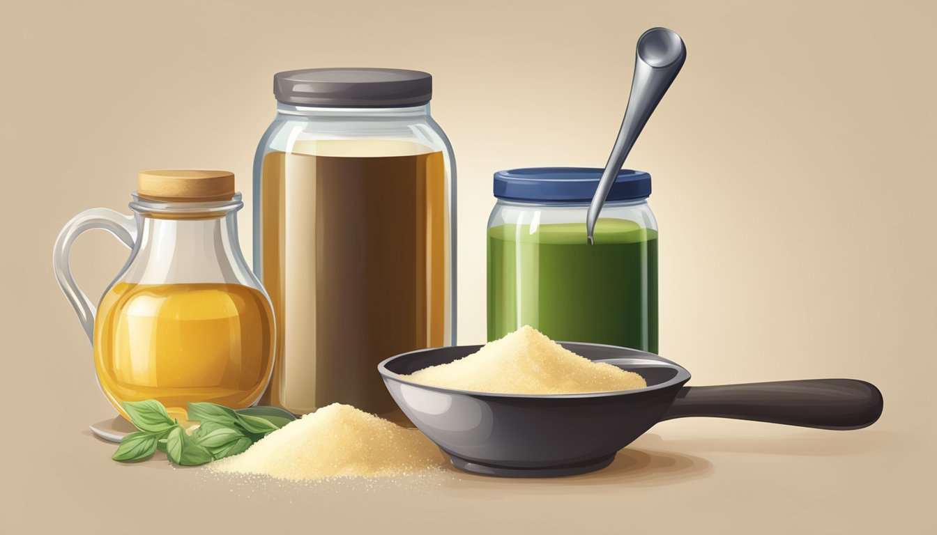 A jar of vinegar powder next to a bowl of fresh vinegar, with a measuring spoon scooping out the powder