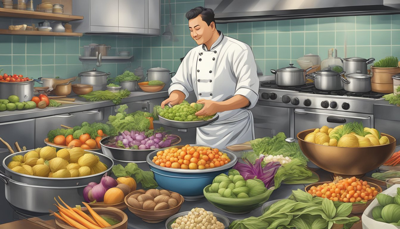 A chef in a bustling kitchen swaps out bamboo shoots for water chestnuts, surrounded by colorful produce and steaming pots