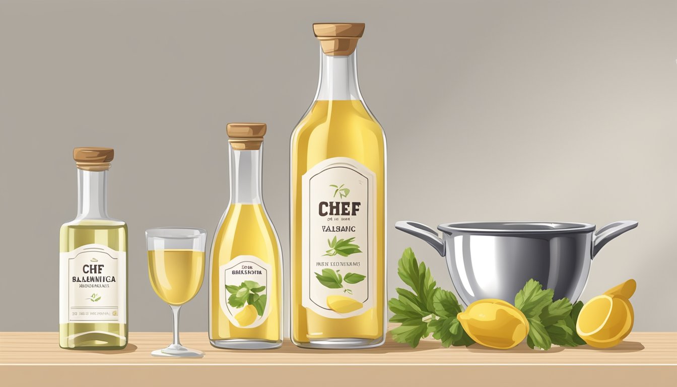 A chef pours white balsamic vinegar into a measuring cup, next to a bottle of white wine vinegar. Ingredients for substitution are laid out on a kitchen counter