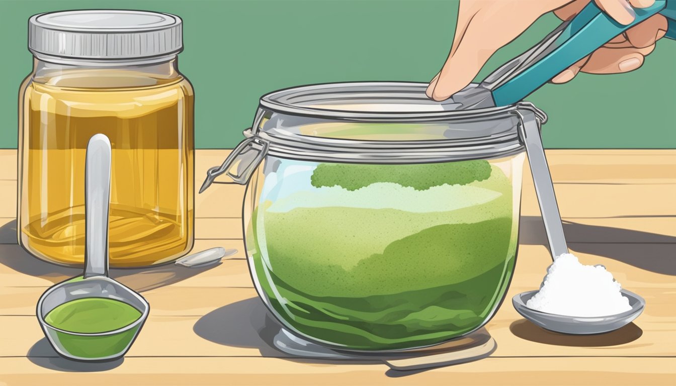 A jar of vinegar powder being measured out with a spoon, next to a bowl of liquid ingredients being mixed together