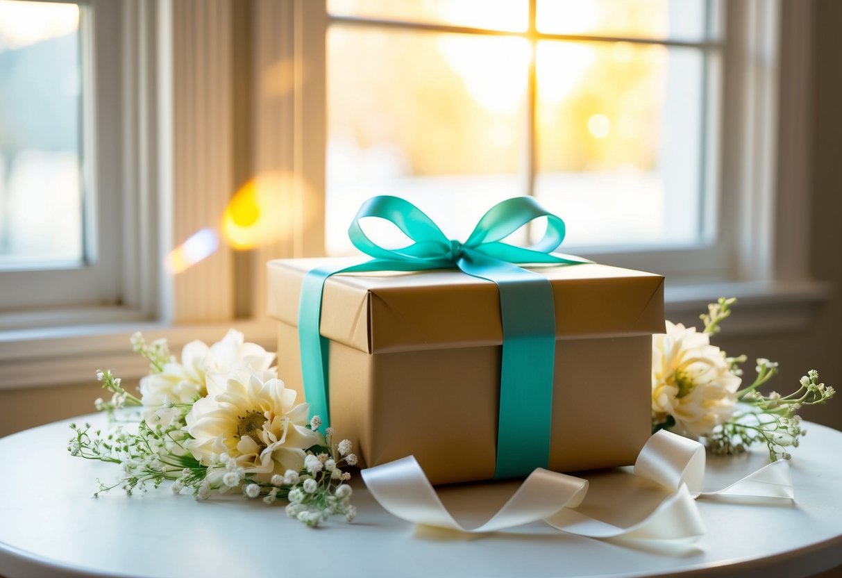 A beautifully wrapped gift box sits on a table, surrounded by delicate flowers and elegant ribbons. Sunshine filters through a nearby window, casting a warm glow over the scene
