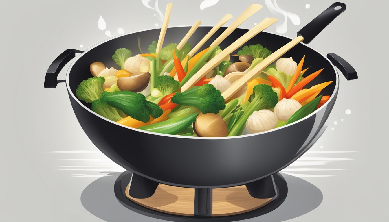 A wok sizzling with stir-fried vegetables, with a focus on water chestnuts being added in place of bamboo shoots