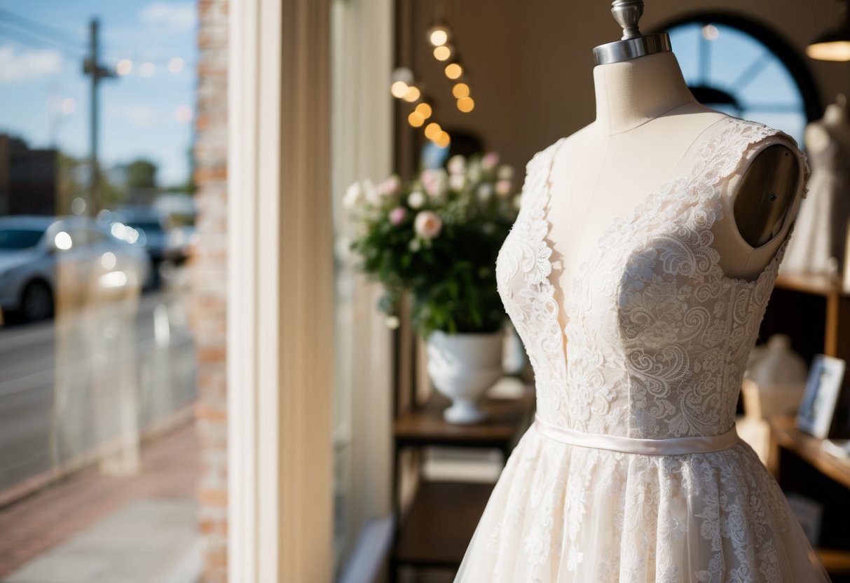 A vintage lace wedding dress displayed on a mannequin in a sunlit boutique