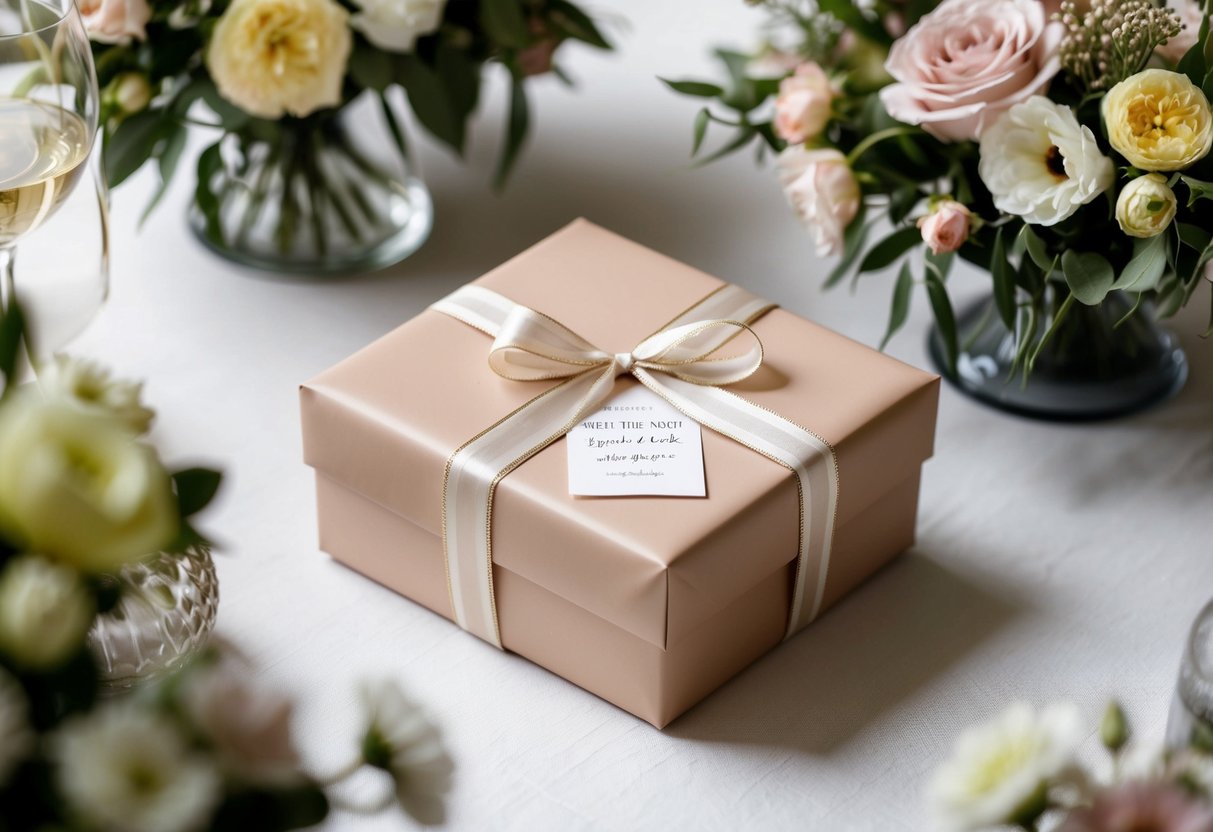 A beautifully wrapped gift box with a delicate ribbon and a personalized note sits on a table surrounded by elegant floral arrangements