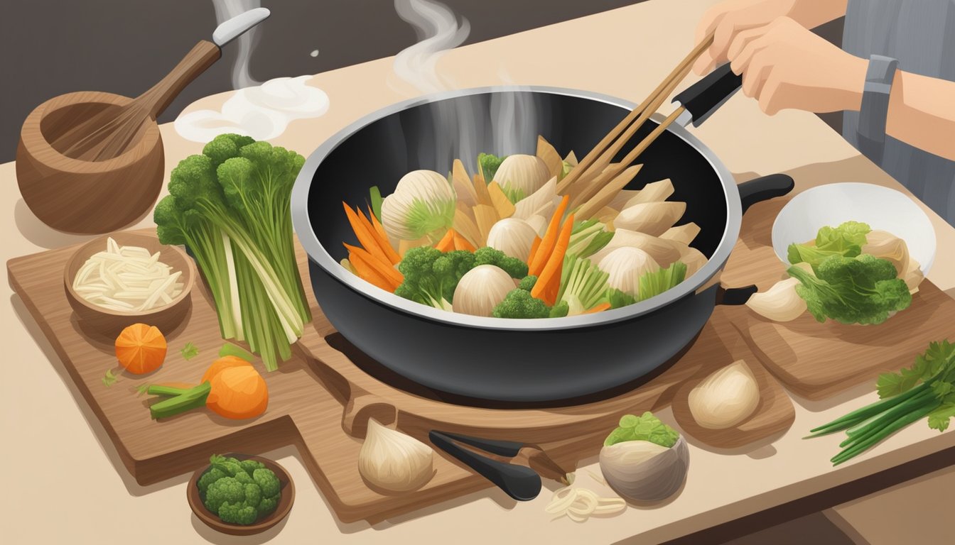 A chef swapping water chestnuts for bamboo shoots in a stir-fry, surrounded by various vegetables and cooking utensils on a wooden cutting board