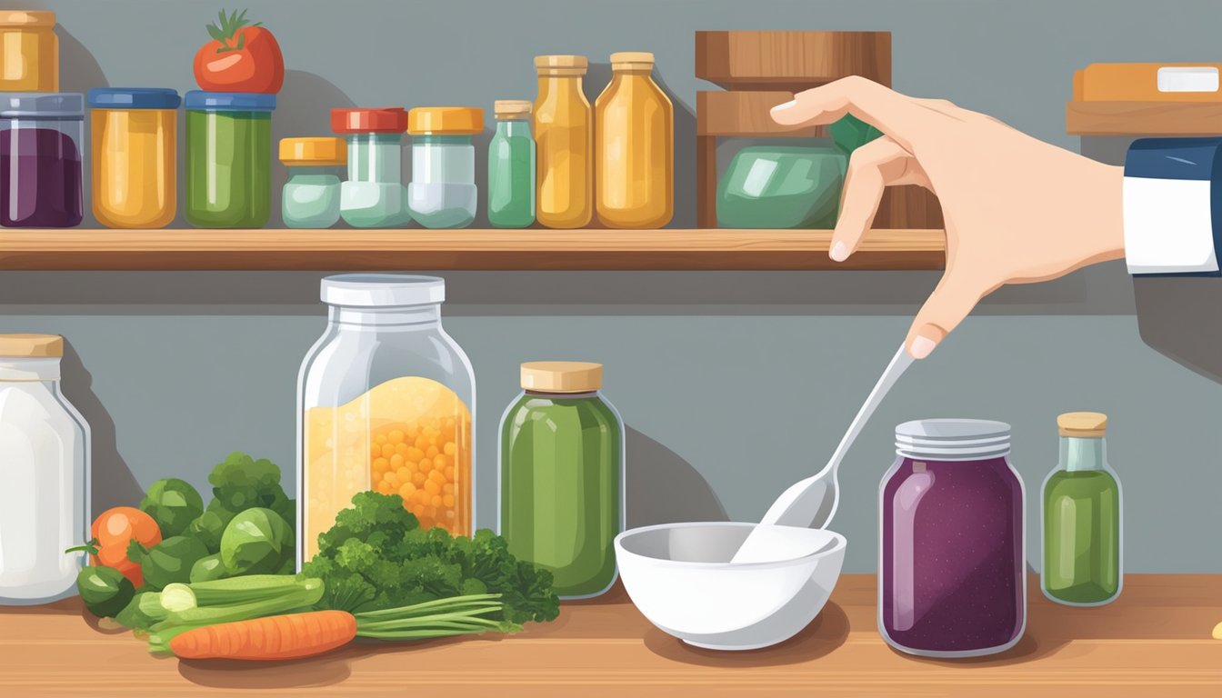 A hand reaching for a jar of vinegar powder on a shelf, next to a bowl of fresh vegetables and a measuring spoon