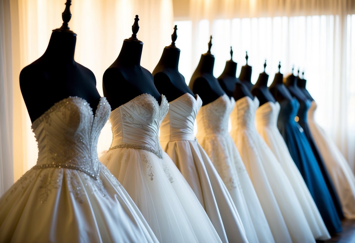 A row of classic wedding dresses on mannequins, with timeless silhouettes and elegant details, standing against a backdrop of soft lighting