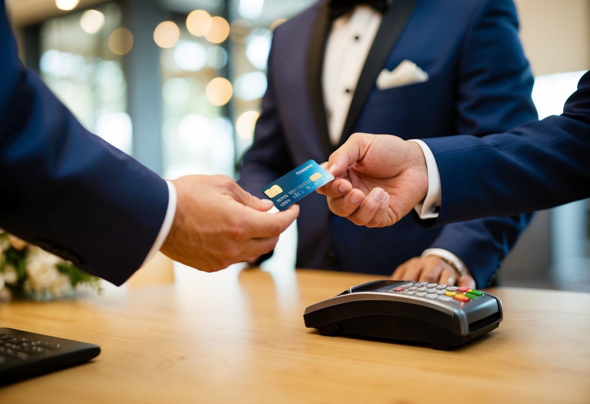 The groom hands over his credit card to the cashier, paying for wedding expenses