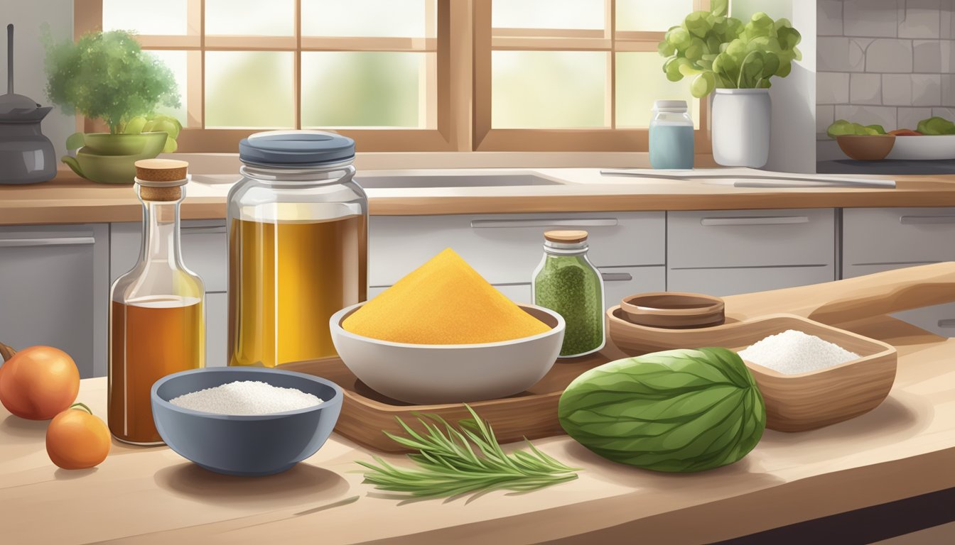 A kitchen counter with a jar of vinegar powder next to a bowl of fresh vinegar and various cooking ingredients