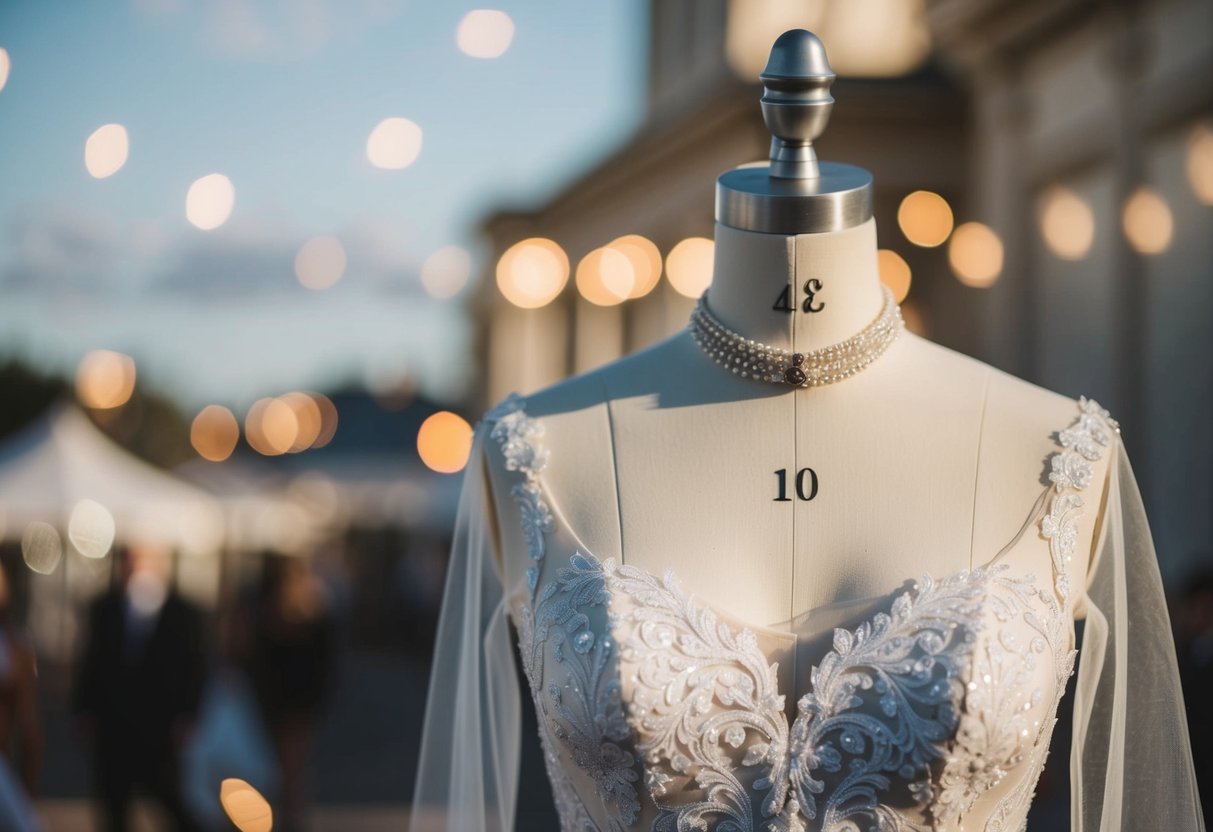 A mannequin wearing a timeless wedding dress with classic neckline and intricate details