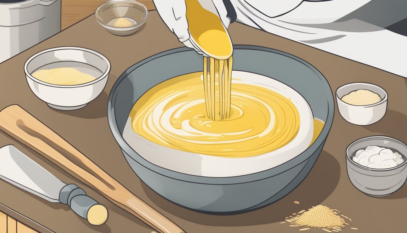 A chef pours white miso into a bowl, replacing yellow miso in a recipe. The ingredients and a cooking utensil are laid out on a kitchen counter