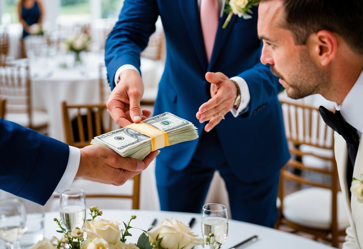 The groom hands over a stack of bills to the wedding planner, who nods in approval. Tables and chairs are being set up in the background