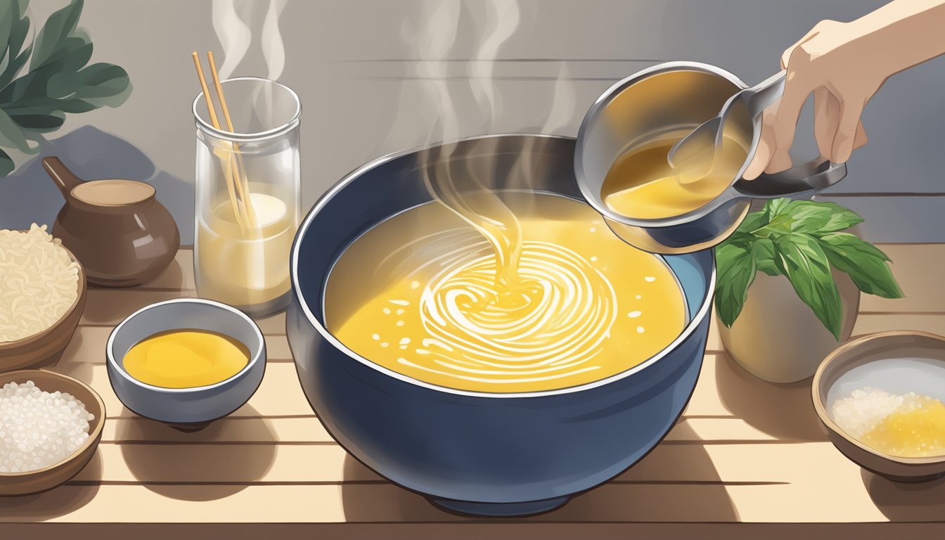 A bowl of white miso being stirred into a pot of simmering broth, with a packet of yellow miso sitting nearby