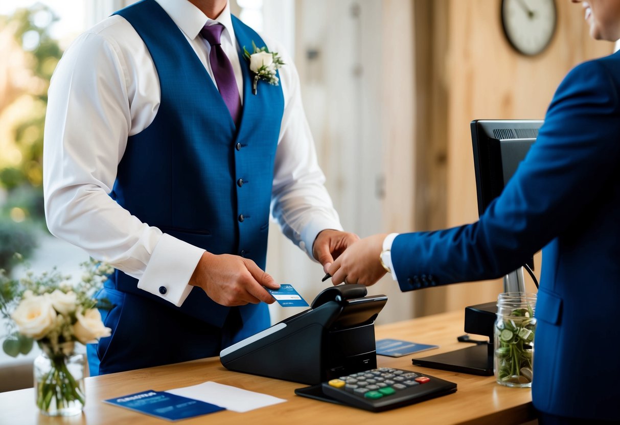A groom standing at a cash register, paying for various wedding expenses with a credit card while a clerk rings up the items
