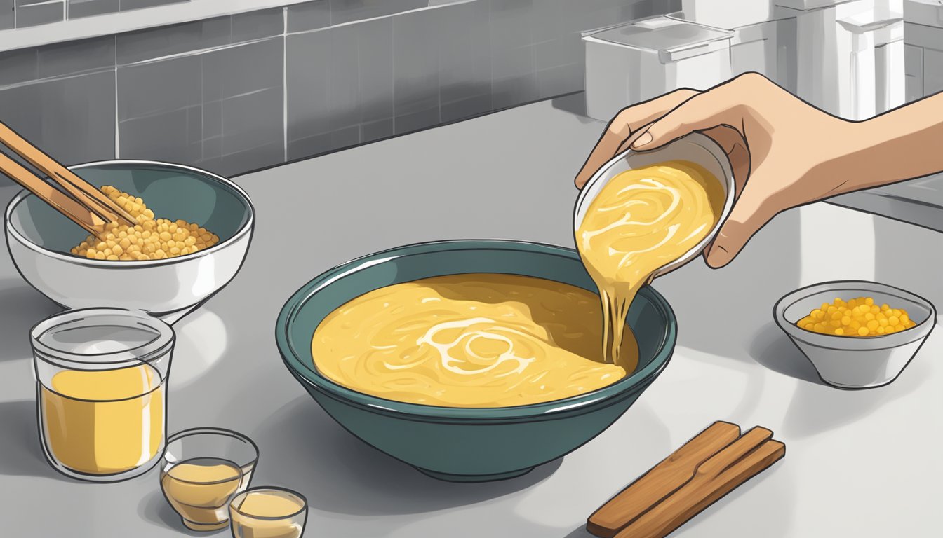 A bowl of white miso being swapped with a bowl of yellow miso in a kitchen setting