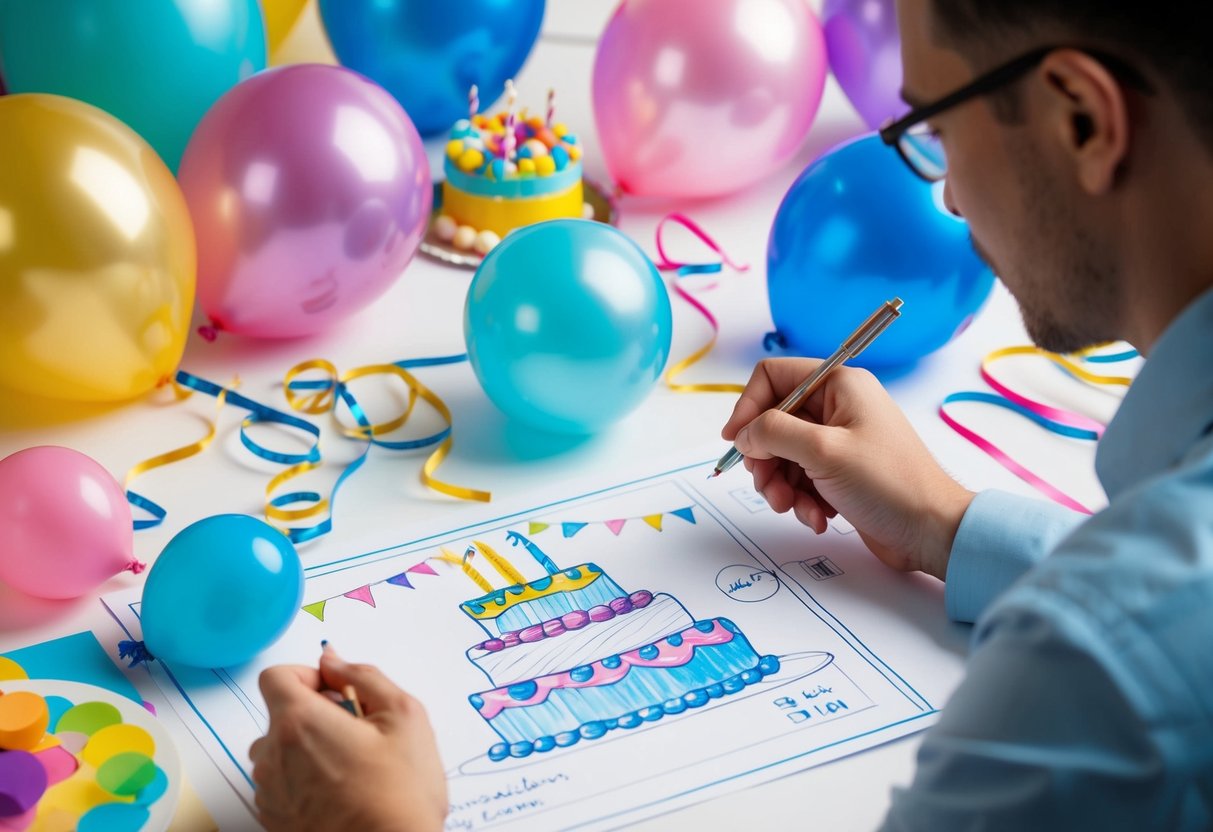 A person sketching a colorful, detailed party planning blueprint with balloons, streamers, and a cake