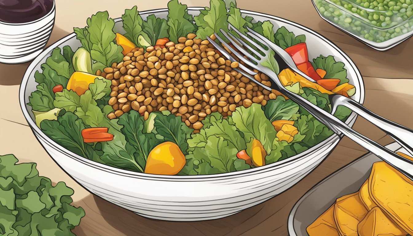 A bowl of mixed greens topped with cooked wheat berries, colorful vegetables, and a drizzle of vinaigrette