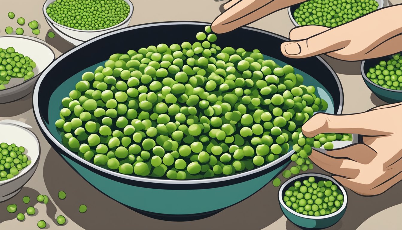 A bowl of wasabi peas sits next to a bowl of fresh peas, with a chef's hand reaching for the wasabi peas