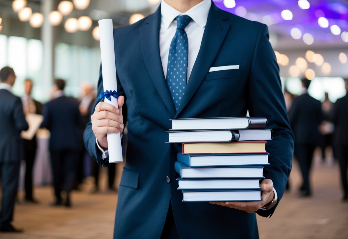 A person holding a diploma in one hand and a stack of event planning books in the other, standing in front of a bustling event venue