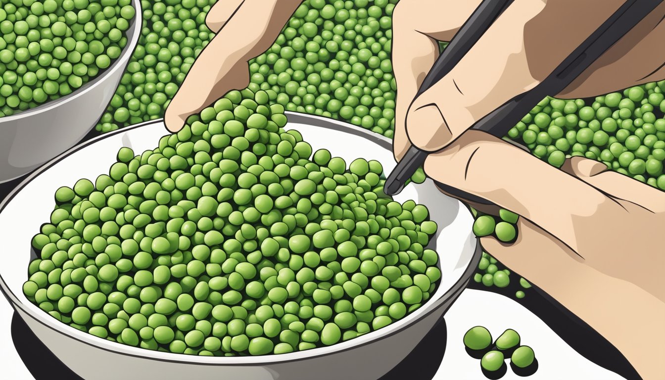 A bowl of wasabi peas placed next to a bowl of regular peas, with a hand reaching for the wasabi peas