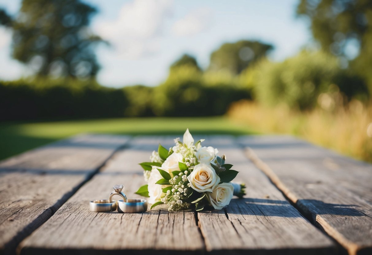 A serene outdoor setting with two rings and a bouquet on a rustic wooden table
