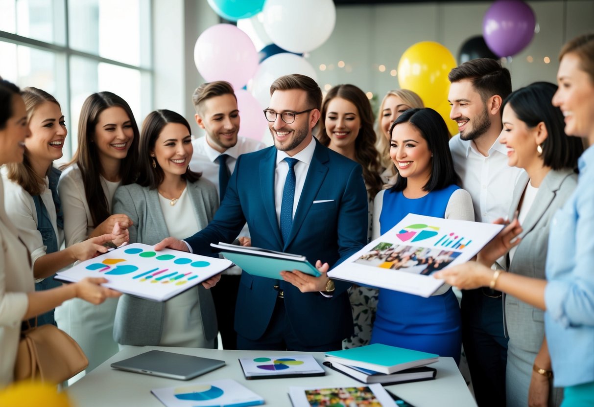 A party planner surrounded by happy clients, showcasing a portfolio of successful events, and receiving positive feedback