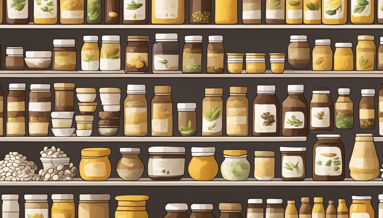 A shelf with various types of miso paste jars, including white and yellow miso, surrounded by alternative ingredients like soy sauce and tahini