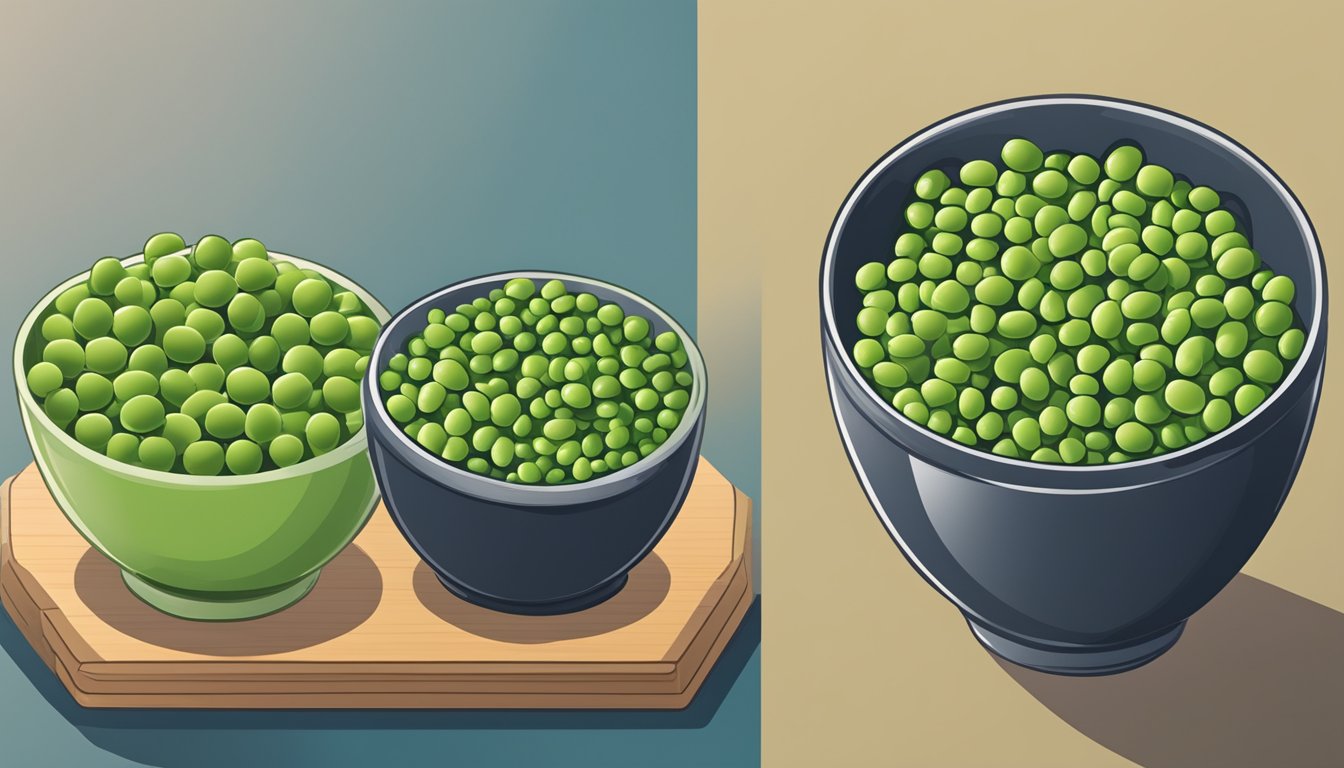 A bowl of wasabi peas next to a bowl of regular peas, with a sign indicating the substitution