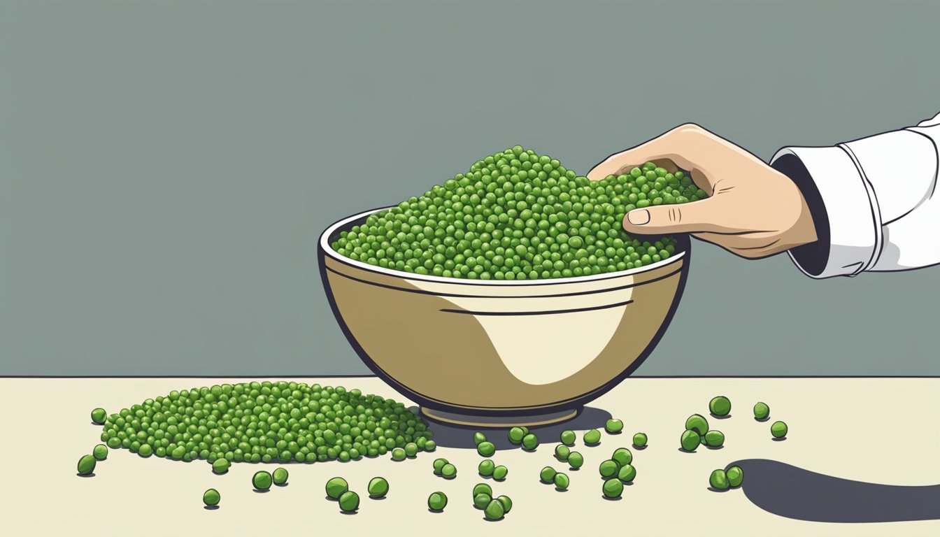 A bowl of peas and wasabi peas next to each other. A chef's hand reaching for the wasabi peas