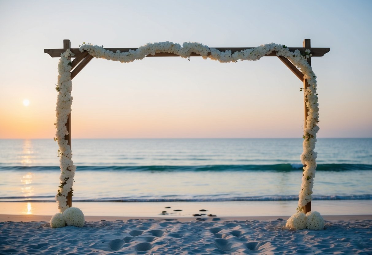 A serene beach at sunset with two sets of footprints leading towards the ocean, surrounded by a simple wooden arch adorned with delicate white flowers