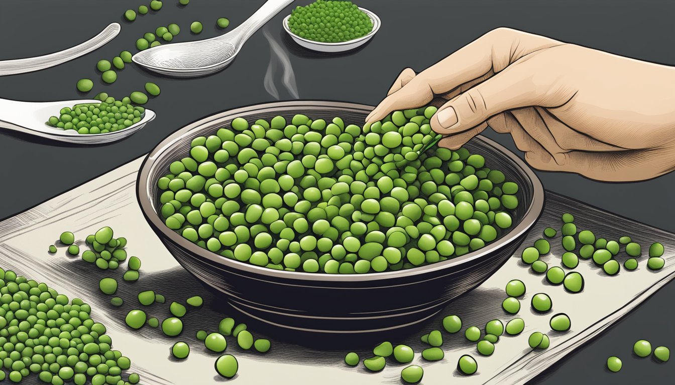 A hand placing wasabi peas into a bowl of steaming peas