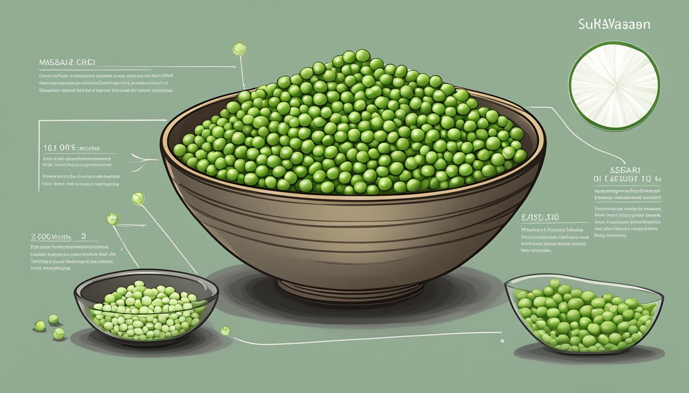 A bowl of peas and wasabi peas with a substitution guide