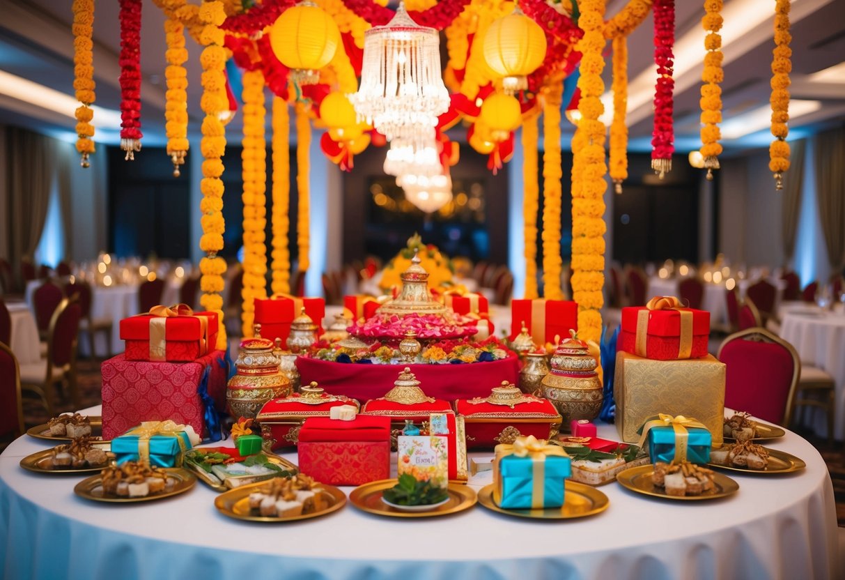 A festive wedding banquet with traditional decorations and a table filled with gifts and offerings from the groom's family